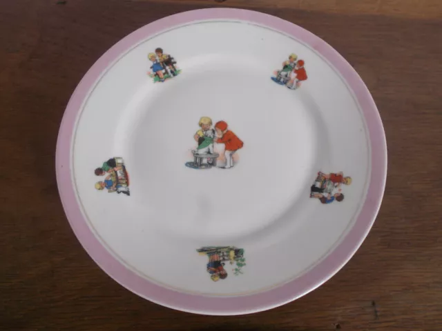 PETITE assiette enfant porcelaine blanc FRANCE style Germaine Bouret bord rose