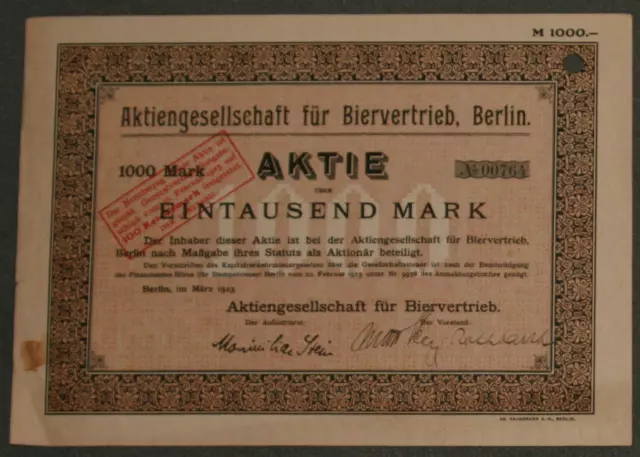 Aktiengesellschaft für Biervertrieb 1923 1000 Mark