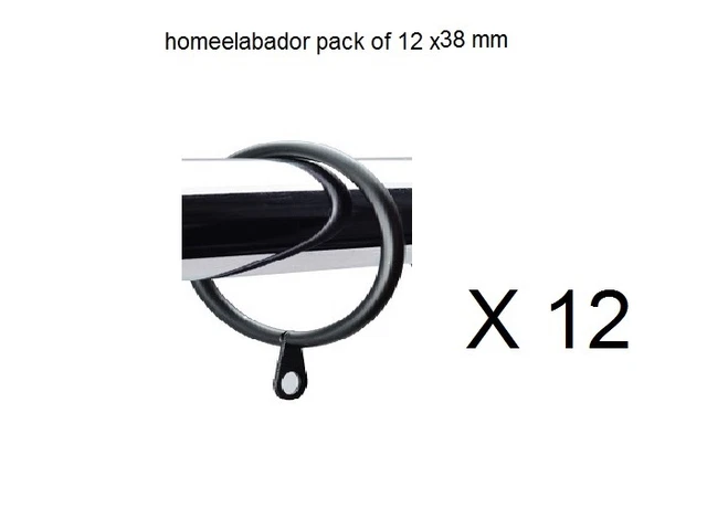 38mm x 12 Black Strong Metal Curtain Rings with eyes Hanging Pole Rod UK SELLER