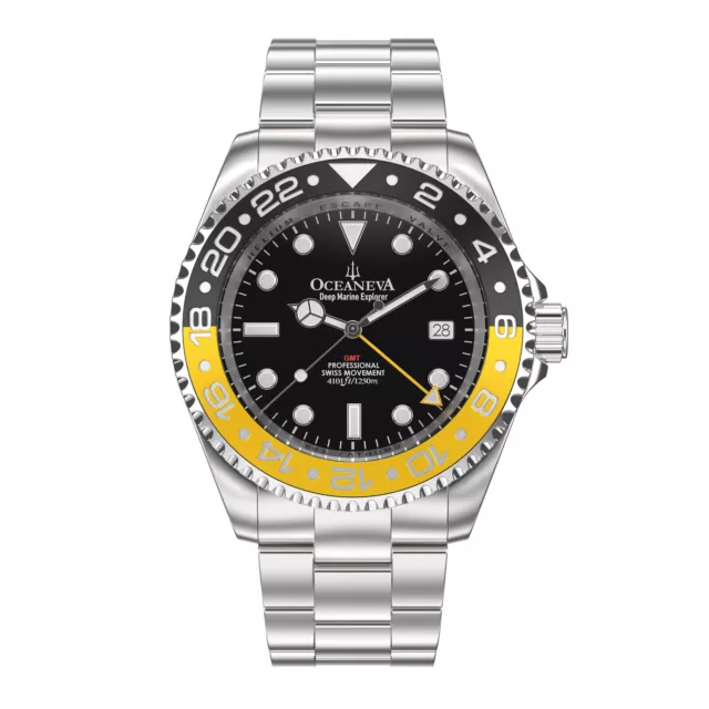Oceaneva Men's Deep Marine Explorer GMT Watch 1250M Pro Diver  Yellow and Black