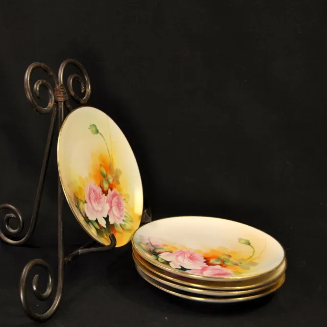 Nippon M-in-Wreath Set of 5 Bread & Butter Plates HP Pink Roses w/Gold 1911-1918