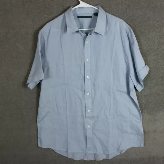 Perry Ellis Mens Linen Shirt XL Button Up Short Sleeve Solid Gray Blue