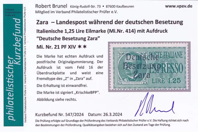 Zara Mi.Nr. 21 Aufdruckfehler XIV, postfrisch mit Fotobefund Brunel VP 2