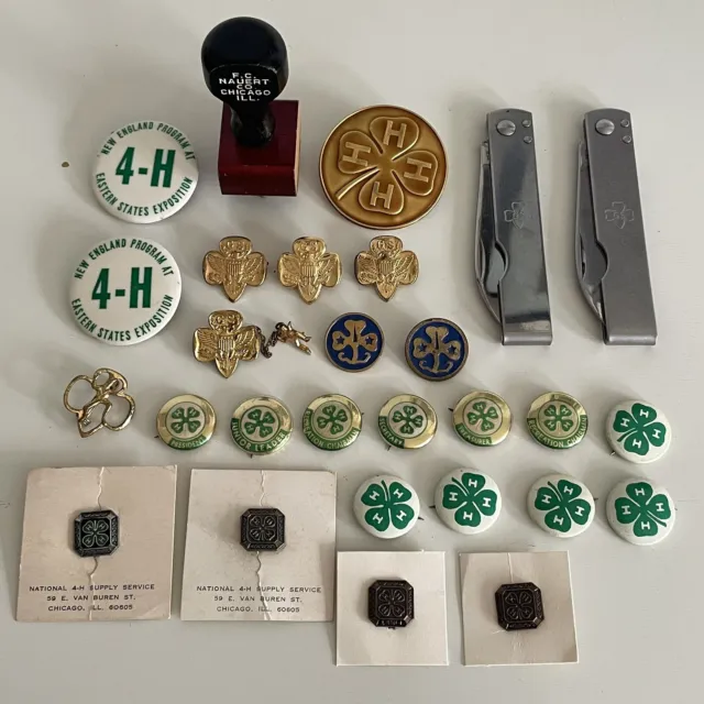 Vintage 4-H Girl Scouts Pins Pocket Knife Imperial Lot Enamel Buttons Stamp