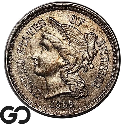 1865 Three Cent Nickel Piece, End of the Civil War, Gem BU++ ** Free Shipping!