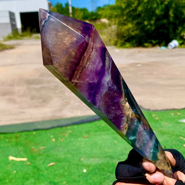 487G Natural rainbow fluorite scepter Quartz Crystal Single-End Terminated Wand