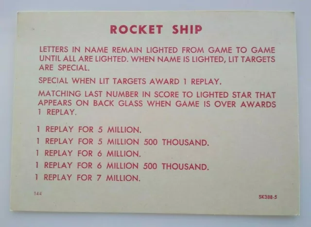 Rocket Ship 1958 Pinball Machine Score Card Instructions NOS Original SK388-5