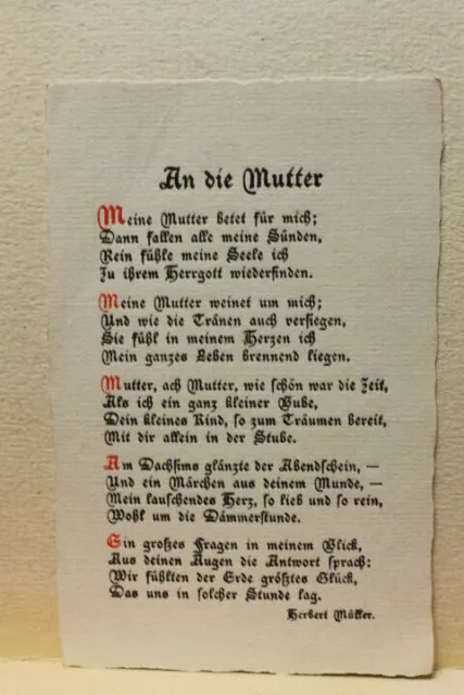 alte Ansichtskarte Postkarte Gedicht an die Mutter   Herbert Müller