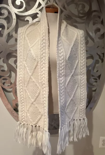 Aran Crafts Ivory Scarf 100% Merino Wool Irish Cable Knit Fringe