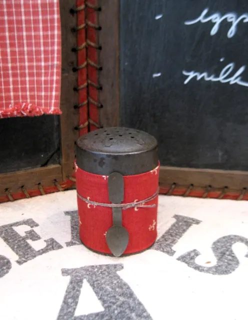 Small Early Antique Tin Spice Shaker Red Calico Old Tin Toy Spoon