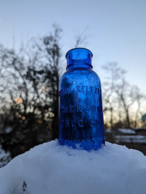 Antique Cobalt Blue Bromo Seltzer 6.5" Tall Bottle Rare Size Emerson Drug Co.