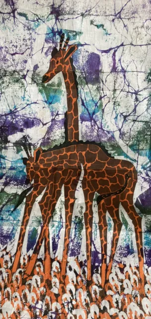 Authentic South African Batik. Textile of 2 Giraffes Grazing  32 X 17