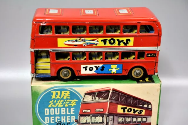 Vintage Tinplate Double Decker Bus, Circa 1960's China, Friction Drive