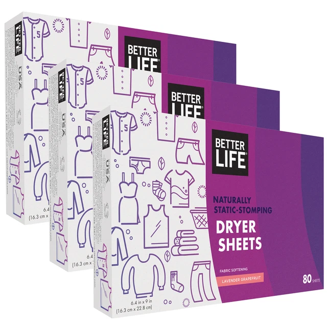 Better Life Hypoallergenic Dryer Sheets, Lavender Grapefruit, 80 Count (3 Pack)