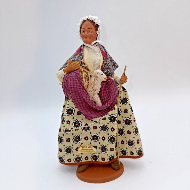 VTG Santon De Provence Terra Cotta Claude Carbonel Clay Doll Lady with Sheep