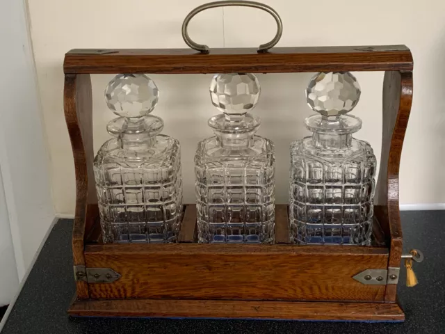 Antique Oak Tantalus With 3 Decanters, Lock & Key Circa 1900/1910