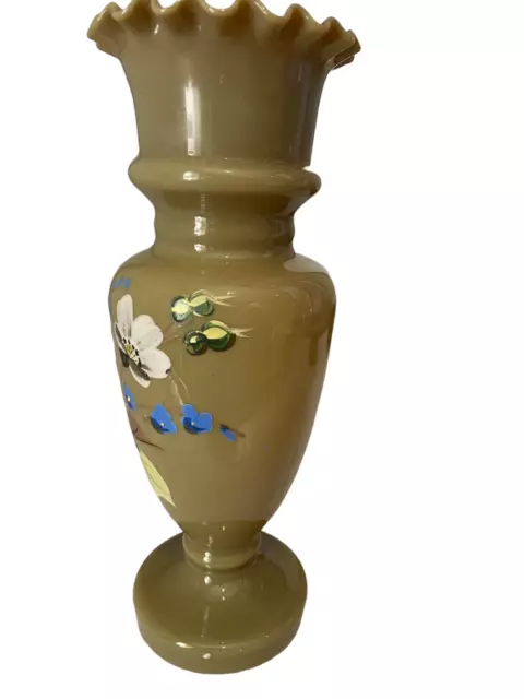 Antique Victorian, Bristol glass vase, opaline, olive hand blown & hand painted
