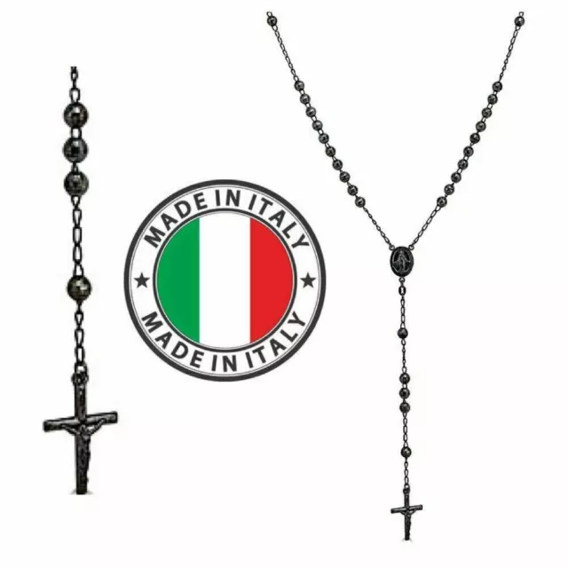 Men’s Rosary Beads Necklace Oxidized Black Solid 925 Silver Rosario ITALY Cross