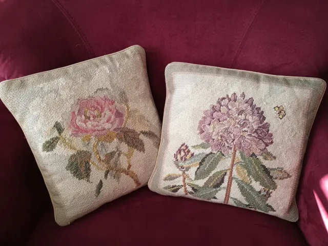 Pair Vintage Needlepoint Pillows Flowers Mayflower