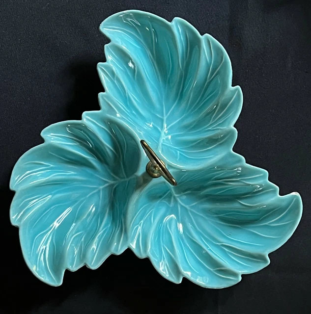 Vintage 50's era Turquoise Divided 3 Leaf Ceramic Dish w/ Handle Marked USA