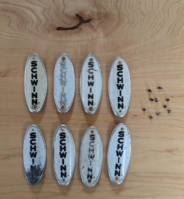 Lot Of 8 Vintage Schwinn Headbadges with 10 Screws Varsity Collegiate Suburban Lot Of 8 Vintage Schwinn Headbadges with 10 Screws Varsity Collegiate Suburban