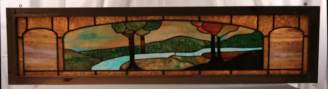 Beautiful American Stained & Leaded Glass Window Tiffany Style Trees Landscape