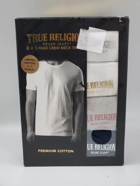 TRUE RELIGION 4 Pack Mens L Cotton Crew Neck Logo T Shirt Navy Blue Gray White