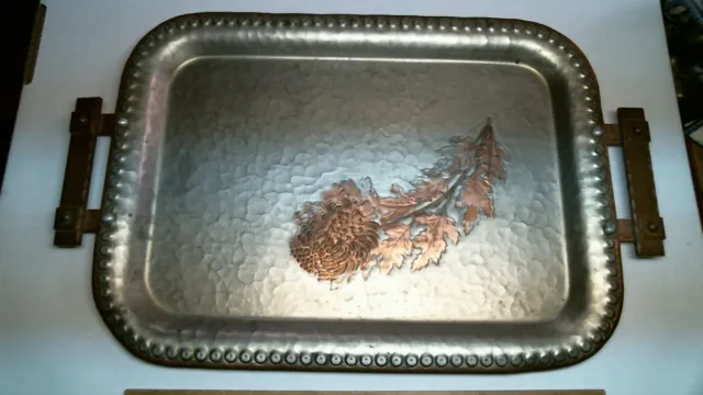 Arts & Crafts Crysanthemum Copper Serving Tray Continental Beaten vintage old