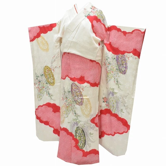Japanese Silk Kimono Vintage Furisode Flower Wheel Lewaf Tie Dye White Red 64"