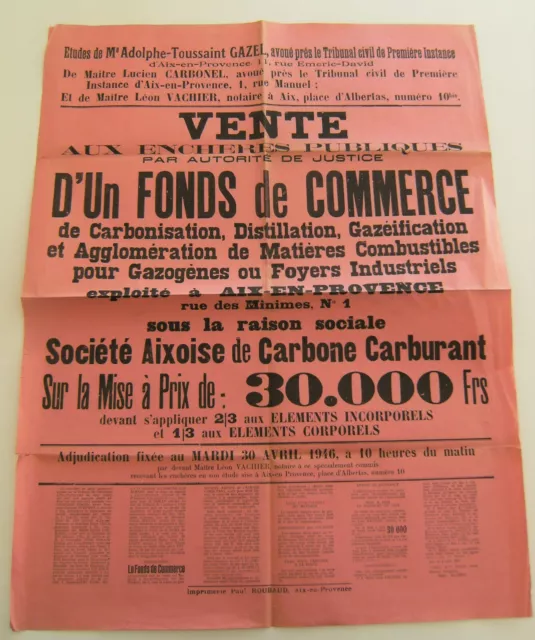 Affiche vente enchère société aixoise de carbone carburant 1946 vintage rétro