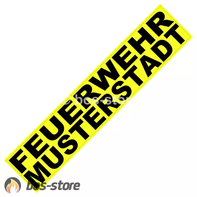 Feuerwehr Reflex Rückenschild 380 x 80 mm, mit Wunschtext, zweizeilig, gelb, neu