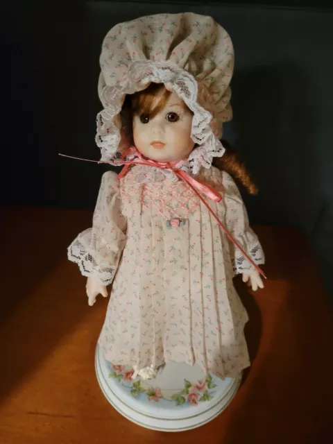 Vntg Victorian Style Used Loose 12" Doll W/Flower Dress, Hat, & Stand Nice Shape