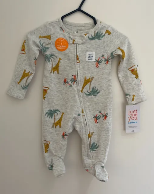 Just One You Carters 2-Way Zipper Cute Jungle Animals Cotton 1-Piece Gray NB NWT