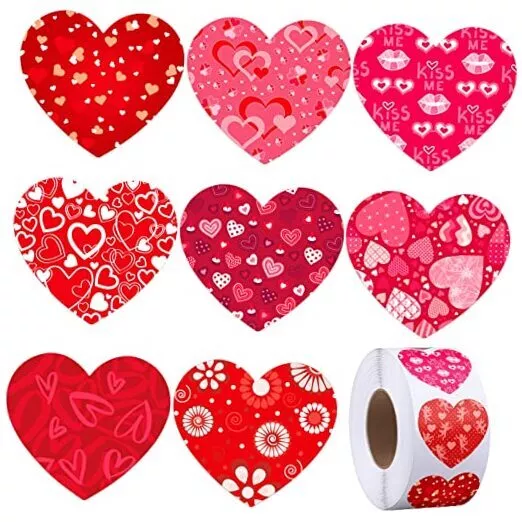 Pegatinas de rollo de corazón Fovths 600 piezas Día de San Valentín auto rojo serie mixta