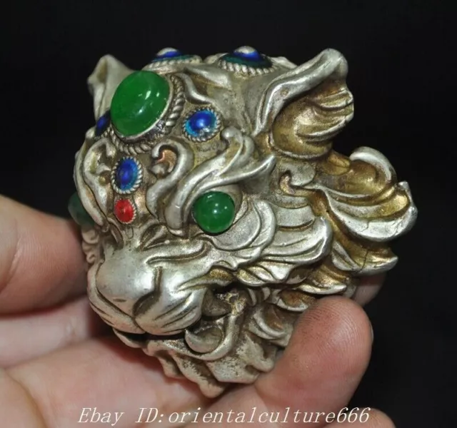 old China Tibetan silver inlay gem Tiger head statue Amulet periapt necklace 2