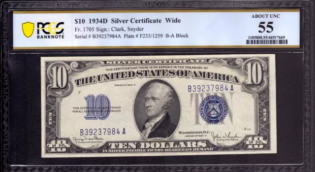 1934 D $10 Silver Certificate Note Blue Seal Fr.1705 Pcgs B About Unc Au 55