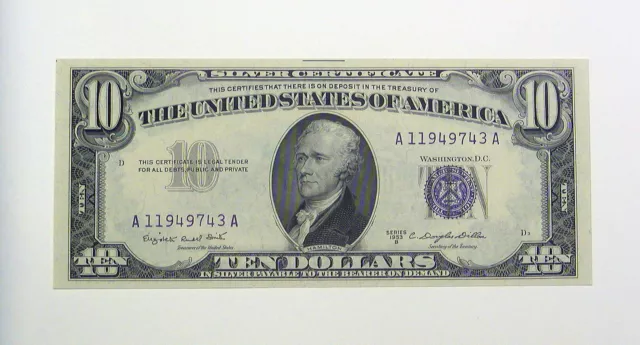 Series 1953 B  U.S. Ten Dollar $10 Silver Certificate Note Blue Seal UNC LOOK