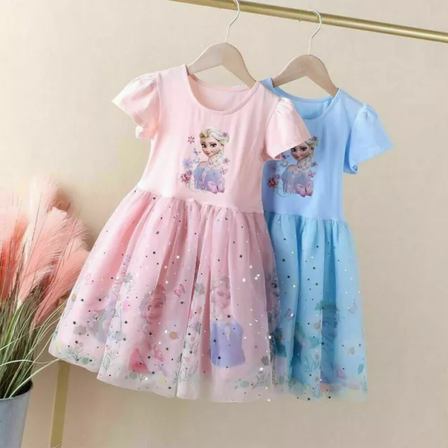 Kinder Mädchen Sommer Shirt Eiskönigin Frozen Elsa Tutu Kleid Tüllkleid Kurzarm