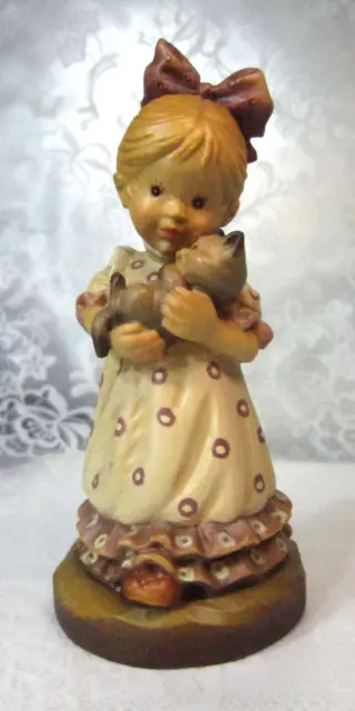 ANRI Sarah Kay "My Present for You" Girl w/ Kitten Kitty Cat Carved Wood ITALY