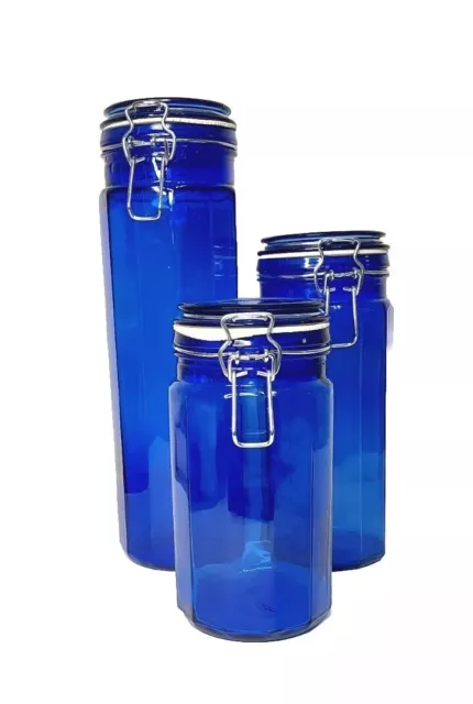 Vintage Cobalt Blue Glass Canister Set Of 3 Jars 12 Panel With Wire Bail Lids