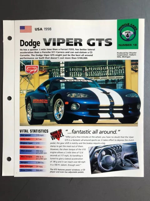 1998 Dodge Viper GTS IMP "Hot Cars" Spec Sheet Folder Brochure Awesome L@@K