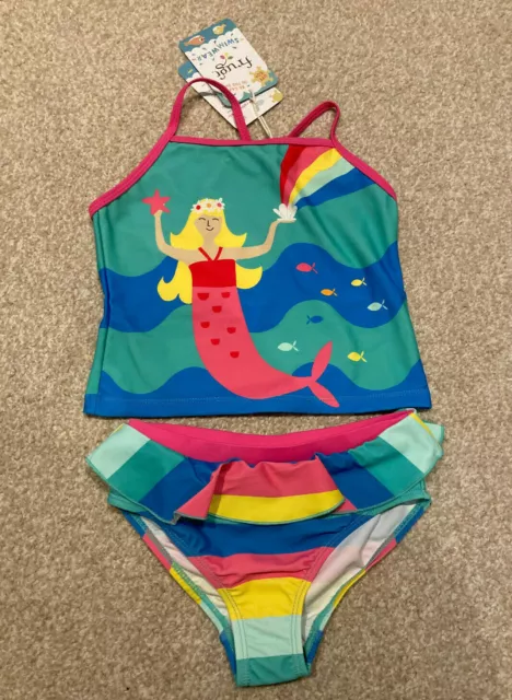 RRP £20 New Frugi Girls 2 Piece Tankini Swim Set Costume Beach Mermaid Blue Pink