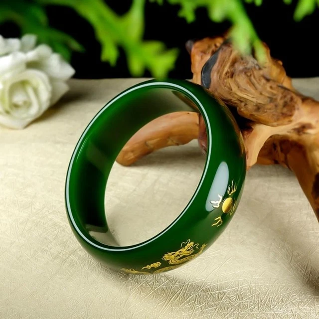 Superior Rare Green Jade Engraving Gold-plated Dragon And Phoenix Bracelet Da8
