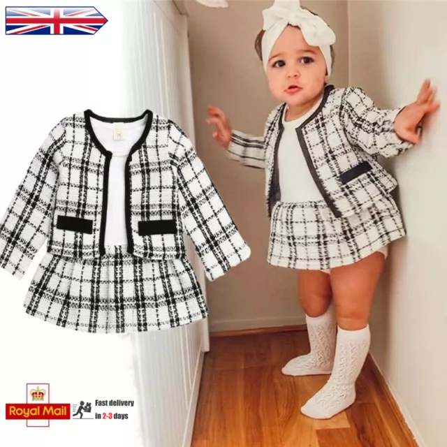 Toddler Baby Girl Plaid Dress Long Sleeve Jumpsuit Romper Coats Outfit Dress Set