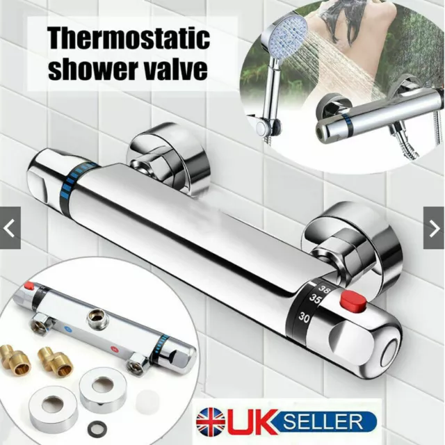 Modern Thermostatic Exposed Bar Shower Mixer Valve Tap Chrome Bottom 1/2" Outlet