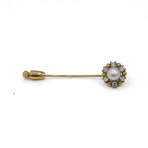 Brosche Nadel mit Perle und 6 Brillanten in 18 Kt. 750 Gold brooch