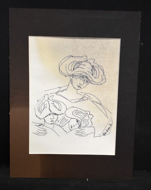 Tableau Encré Signé Madeleine Grand - Étude D'enfants écoliers - Début XXème