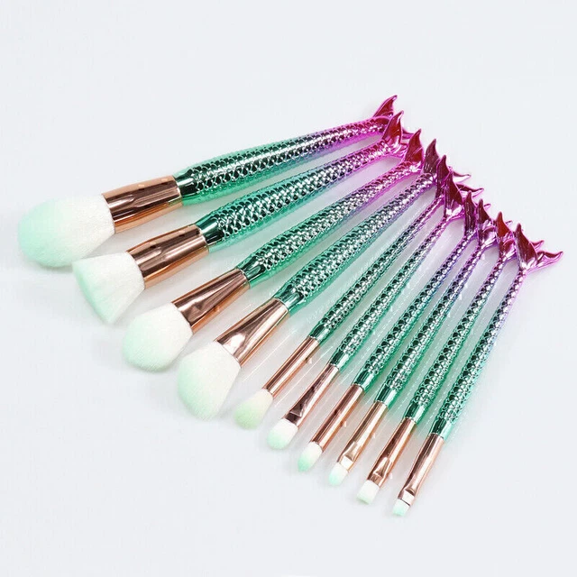 Juego de 10 cepillos de maquillaje de sirena base rubor sombra de ojos cepillo de labios