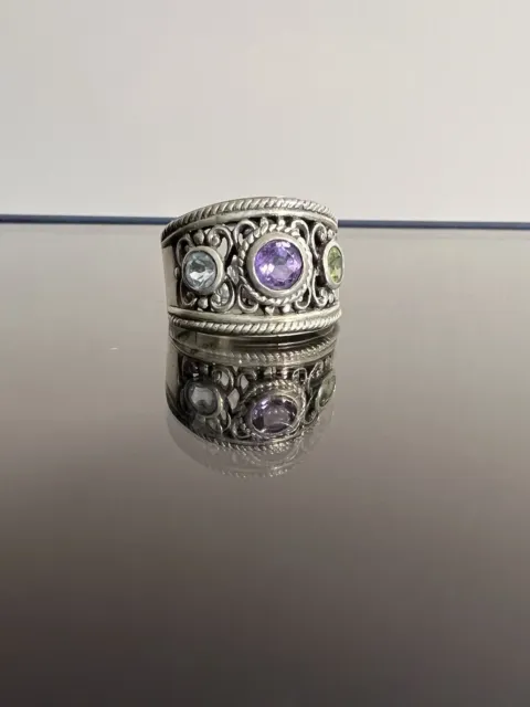 925 Sterling Silver Vintage Ring With Blue, Green And Purple Zircon Stones CZ