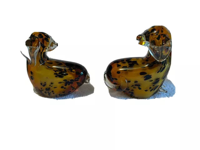 Murano Style Art Glass Amber Dog Figurine paper weight Set Of Two